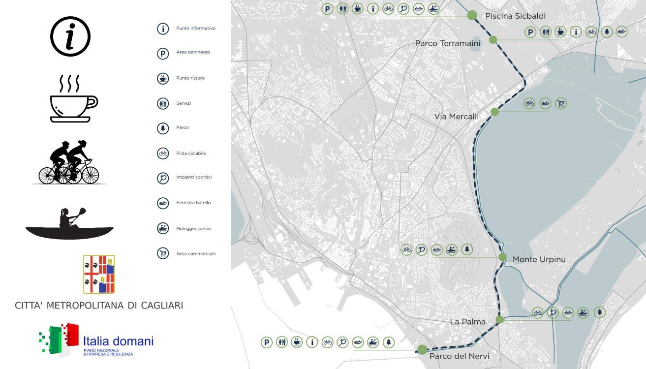 Il tracciato del canale navigabile con le 6 fermate previste